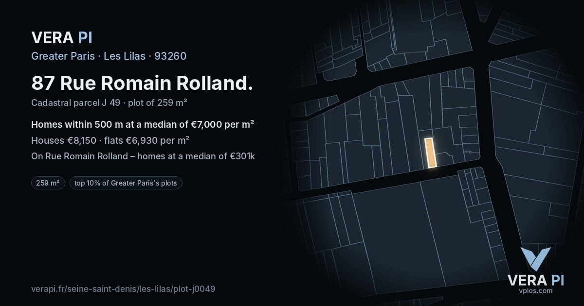 87 Rue Romain Rolland, Les Lilas at night – the plot lit, the parcels around coloured by the prices near them