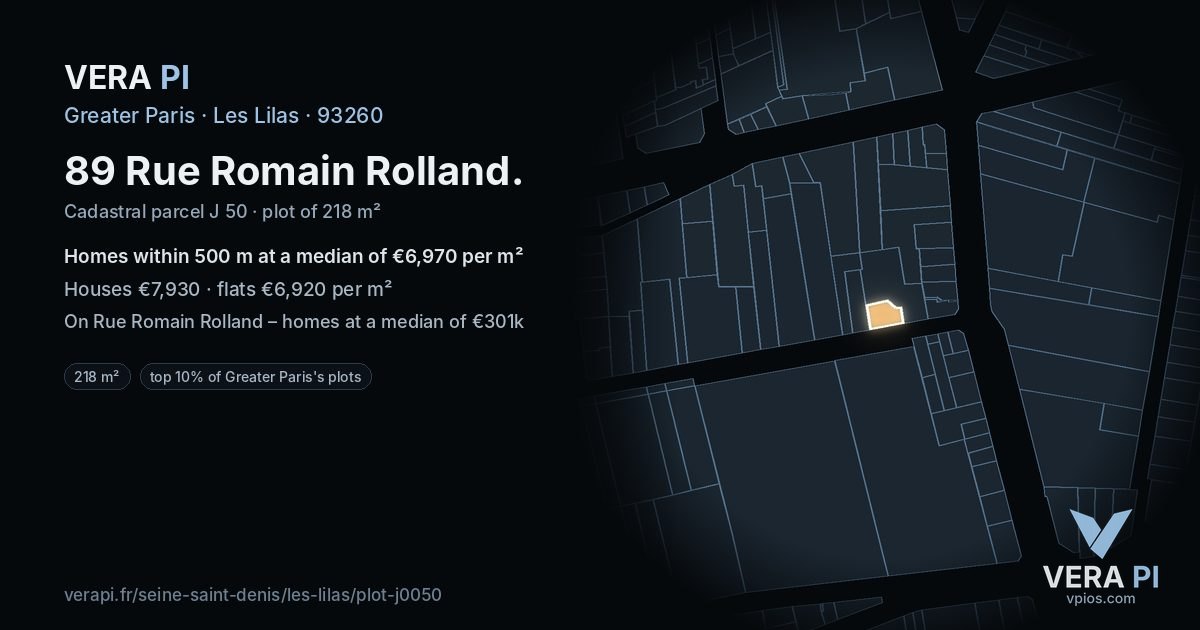89 Rue Romain Rolland, Les Lilas at night – the plot lit, the parcels around coloured by the prices near them