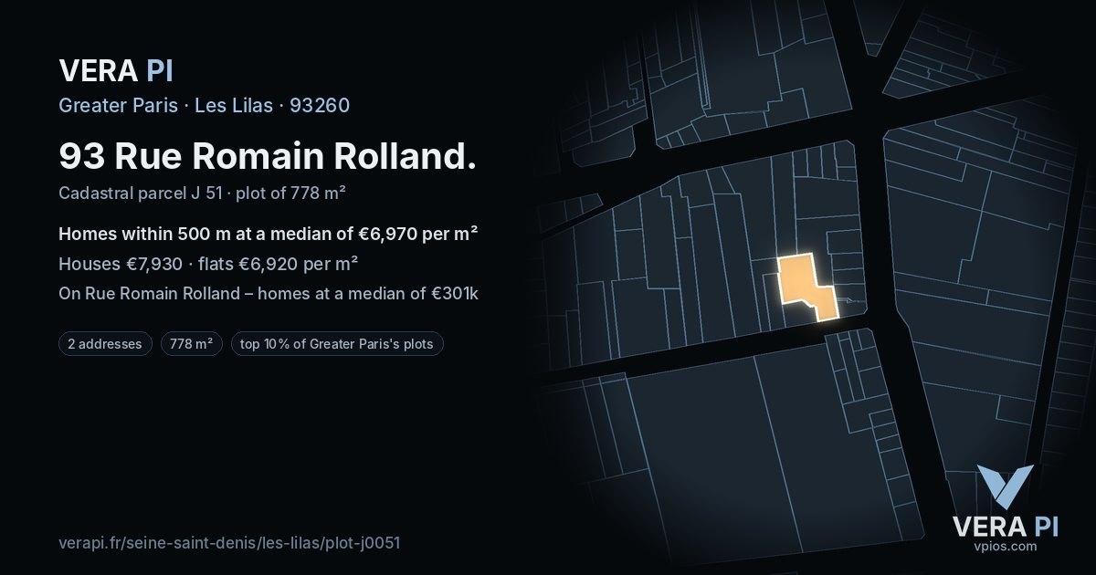 93 Rue Romain Rolland, Les Lilas at night – the plot lit, the parcels around coloured by the prices near them