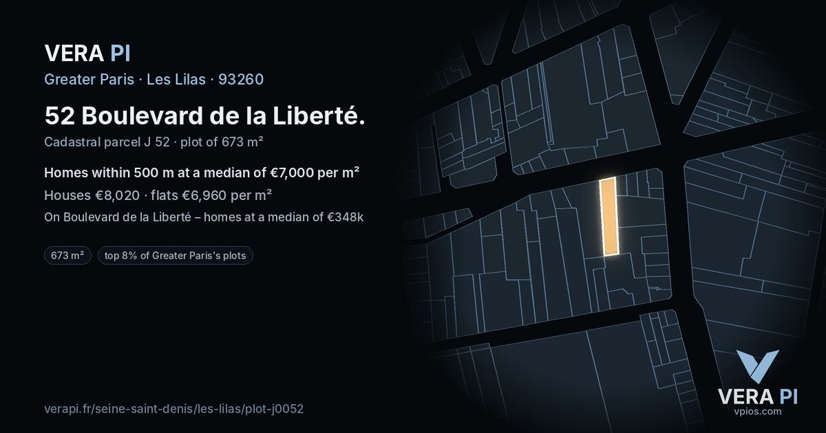 52 Boulevard de la Liberté, Les Lilas at night – the plot lit, the parcels around coloured by the prices near them