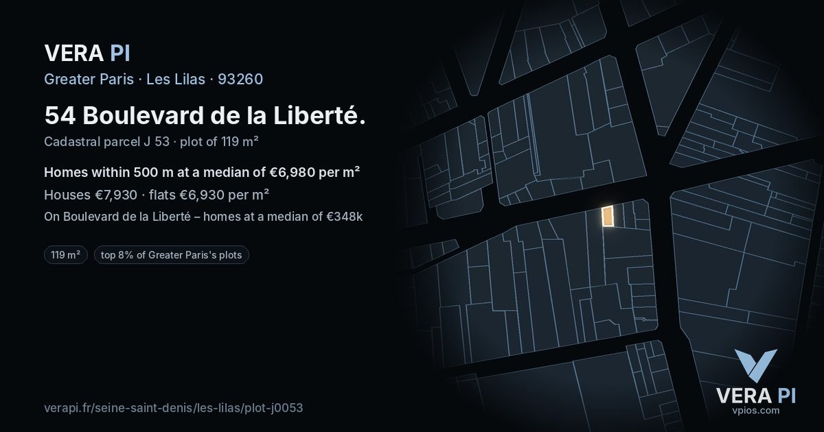 54 Boulevard de la Liberté, Les Lilas at night – the plot lit, the parcels around coloured by the prices near them
