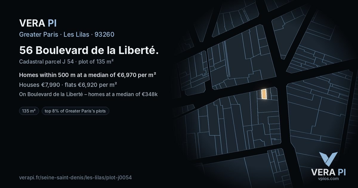 56 Boulevard de la Liberté, Les Lilas at night – the plot lit, the parcels around coloured by the prices near them
