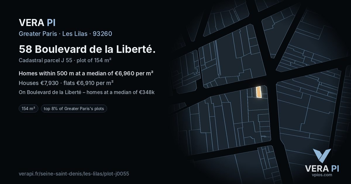 58 Boulevard de la Liberté, Les Lilas at night – the plot lit, the parcels around coloured by the prices near them