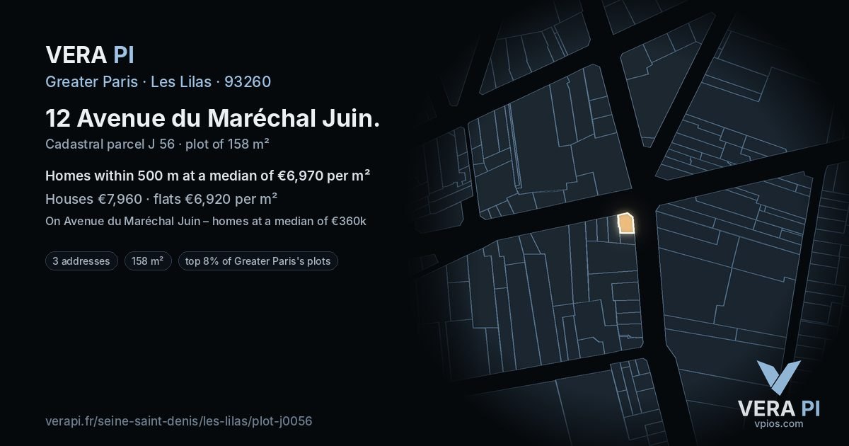 12 Avenue du Maréchal Juin, Les Lilas at night – the plot lit, the parcels around coloured by the prices near them