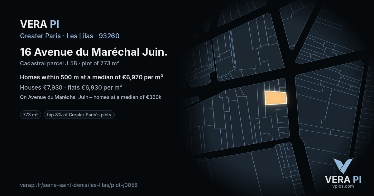 16 Avenue du Maréchal Juin, Les Lilas at night – the plot lit, the parcels around coloured by the prices near them