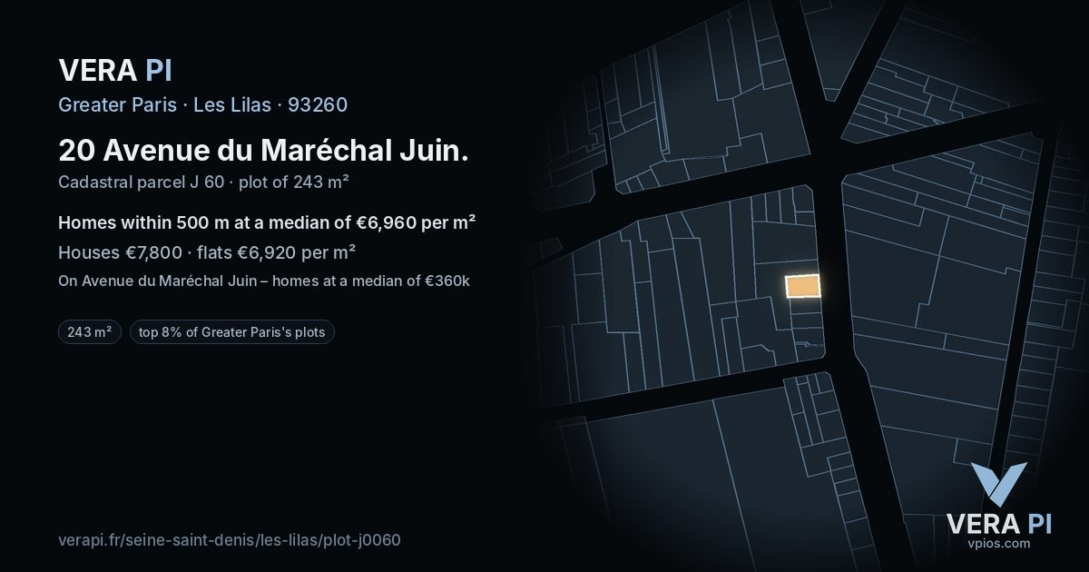 20 Avenue du Maréchal Juin, Les Lilas at night – the plot lit, the parcels around coloured by the prices near them