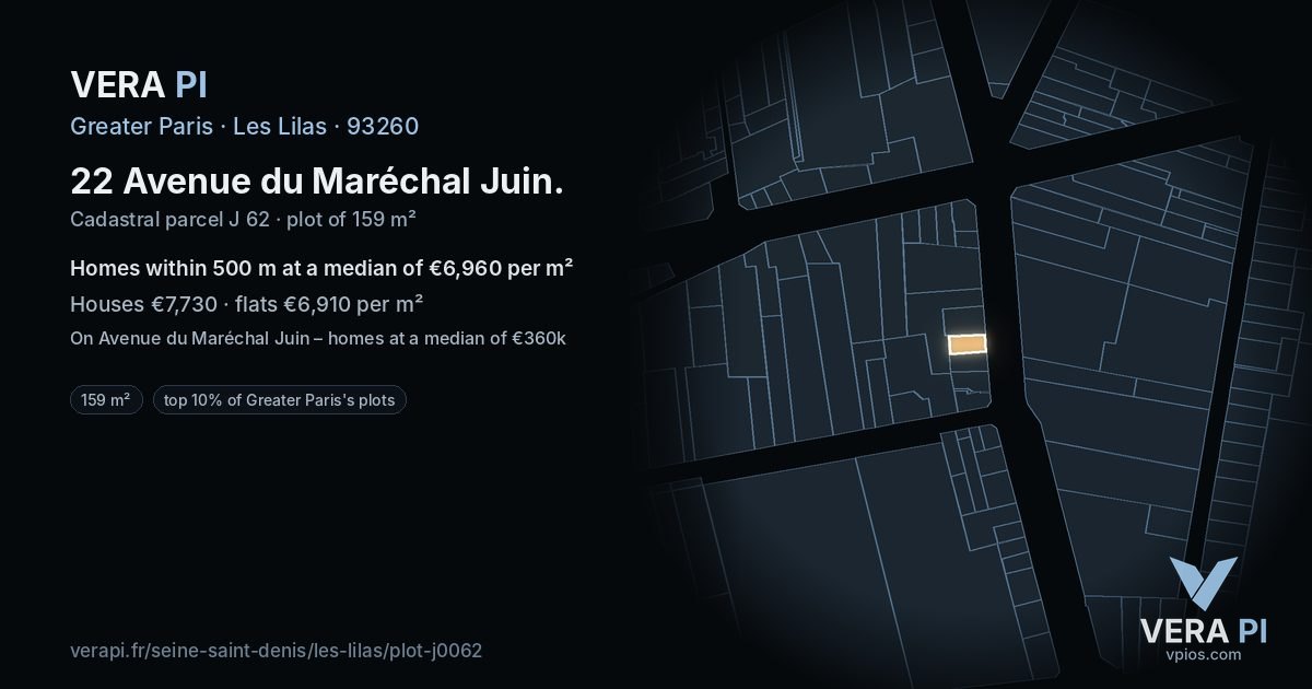 22 Avenue du Maréchal Juin, Les Lilas at night – the plot lit, the parcels around coloured by the prices near them