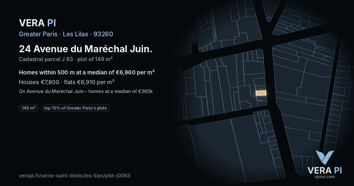24 Avenue du Maréchal Juin, Les Lilas at night – the plot lit, the parcels around coloured by the prices near them
