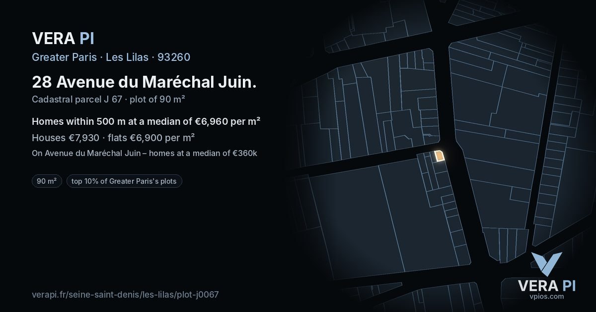 28 Avenue du Maréchal Juin, Les Lilas at night – the plot lit, the parcels around coloured by the prices near them