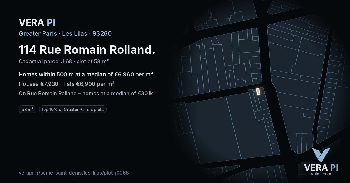114 Rue Romain Rolland, Les Lilas at night – the plot lit, the parcels around coloured by the prices near them