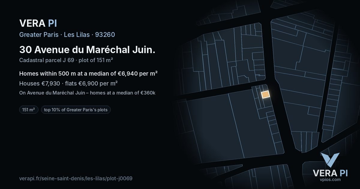 30 Avenue du Maréchal Juin, Les Lilas at night – the plot lit, the parcels around coloured by the prices near them