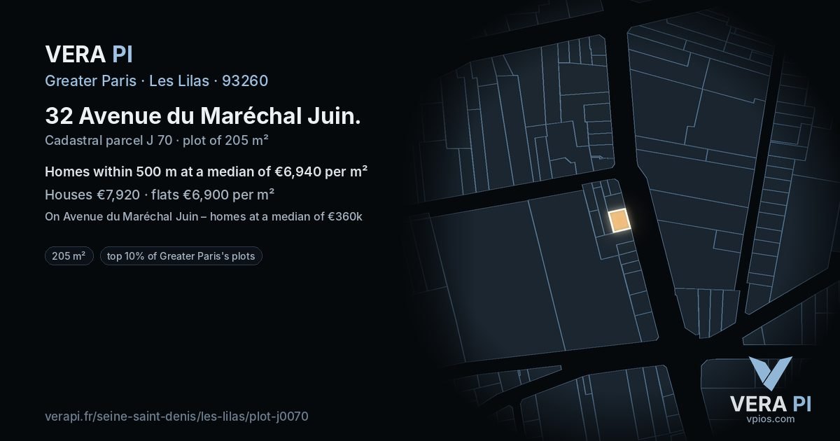 32 Avenue du Maréchal Juin, Les Lilas at night – the plot lit, the parcels around coloured by the prices near them