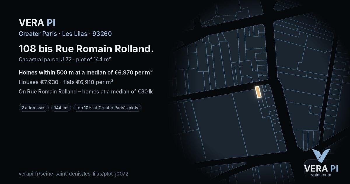 108 bis Rue Romain Rolland, Les Lilas at night – the plot lit, the parcels around coloured by the prices near them