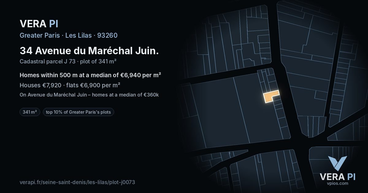 34 Avenue du Maréchal Juin, Les Lilas at night – the plot lit, the parcels around coloured by the prices near them