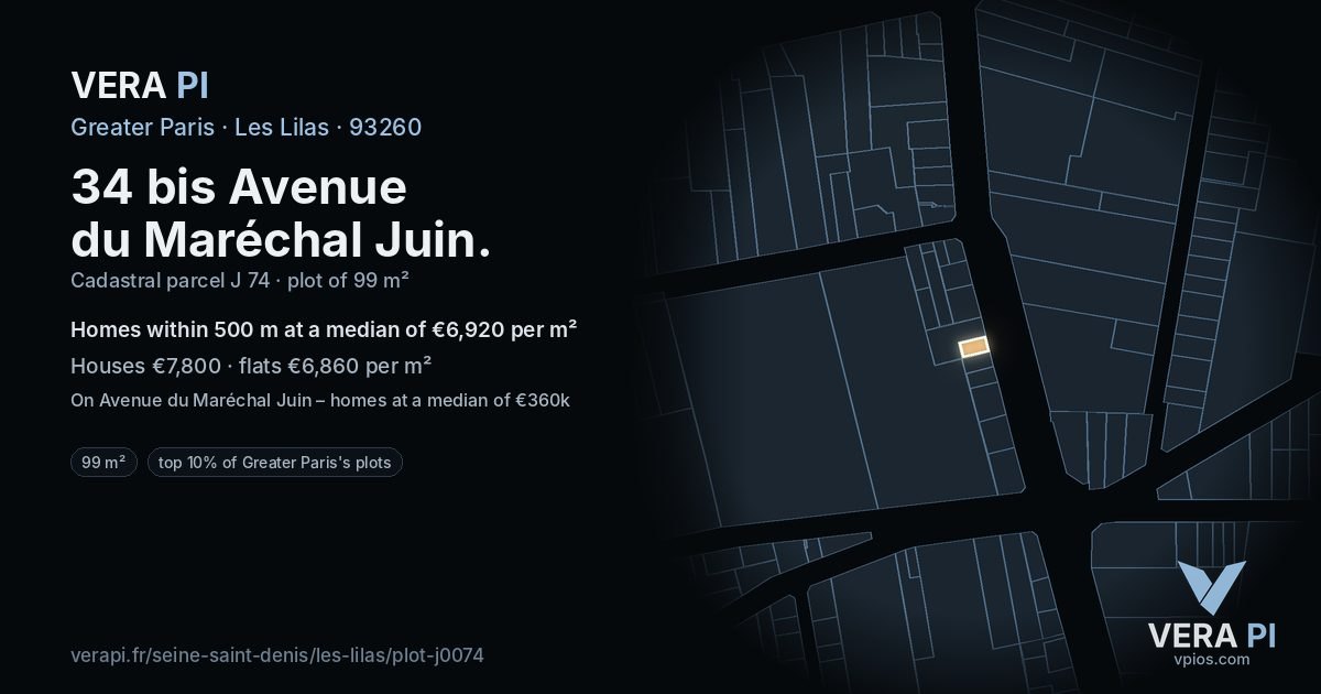 34 bis Avenue du Maréchal Juin, Les Lilas at night – the plot lit, the parcels around coloured by the prices near them