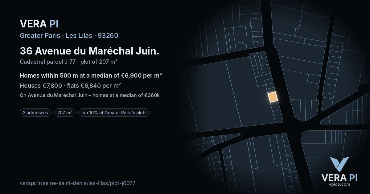 36 Avenue du Maréchal Juin, Les Lilas at night – the plot lit, the parcels around coloured by the prices near them