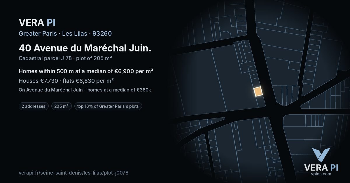 40 Avenue du Maréchal Juin, Les Lilas at night – the plot lit, the parcels around coloured by the prices near them