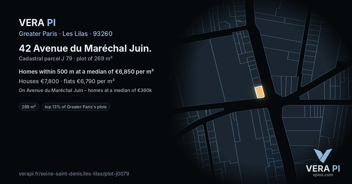 42 Avenue du Maréchal Juin, Les Lilas at night – the plot lit, the parcels around coloured by the prices near them