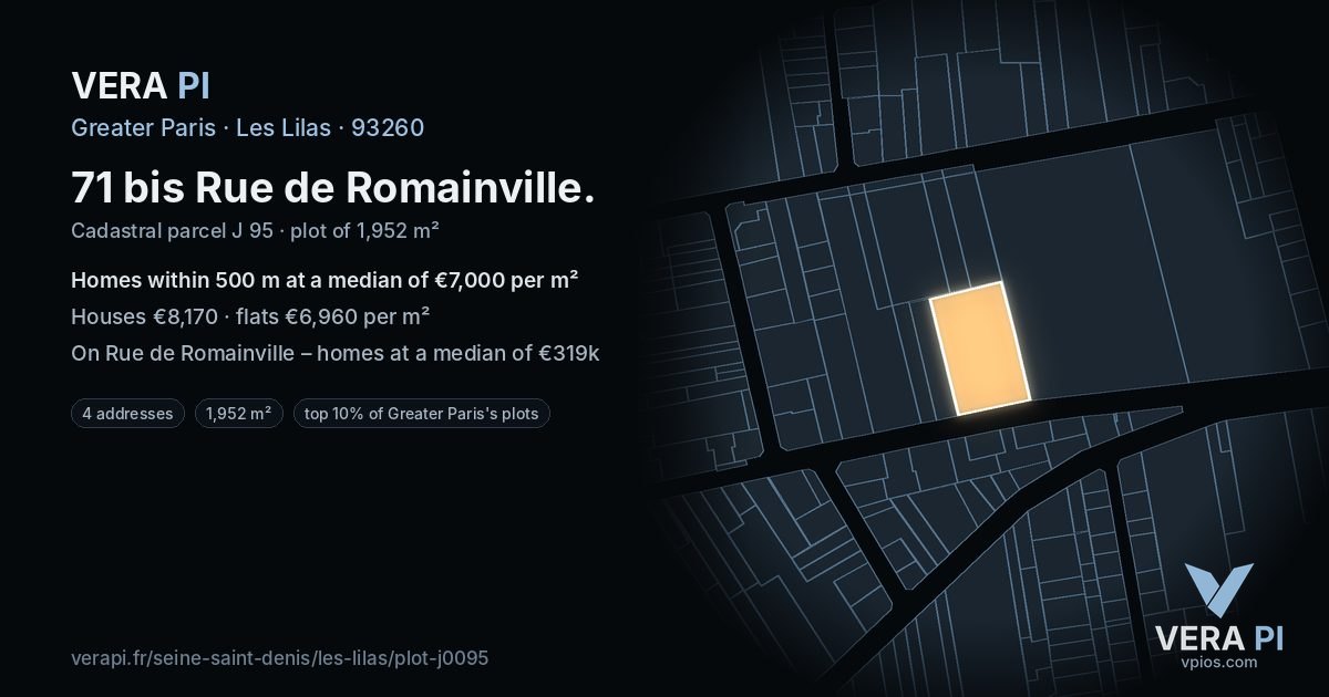 71 bis Rue de Romainville, Les Lilas at night – the plot lit, the parcels around coloured by the prices near them