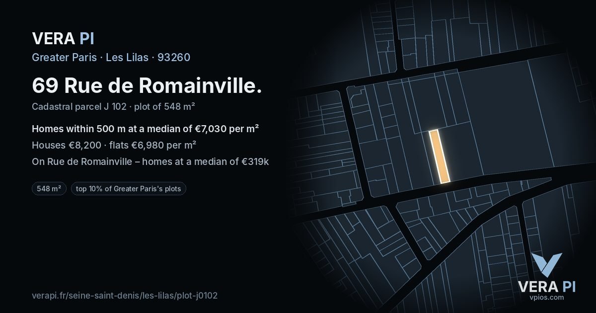 69 Rue de Romainville, Les Lilas at night – the plot lit, the parcels around coloured by the prices near them