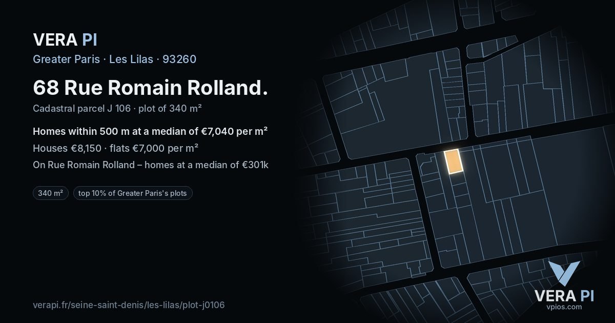 68 Rue Romain Rolland, Les Lilas at night – the plot lit, the parcels around coloured by the prices near them