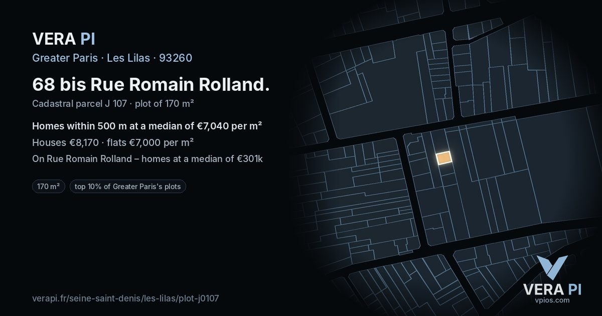 68 bis Rue Romain Rolland, Les Lilas at night – the plot lit, the parcels around coloured by the prices near them