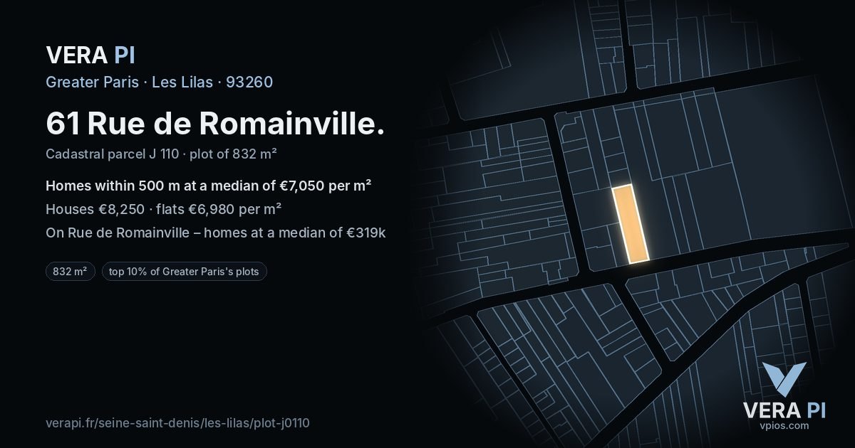 61 Rue de Romainville, Les Lilas at night – the plot lit, the parcels around coloured by the prices near them