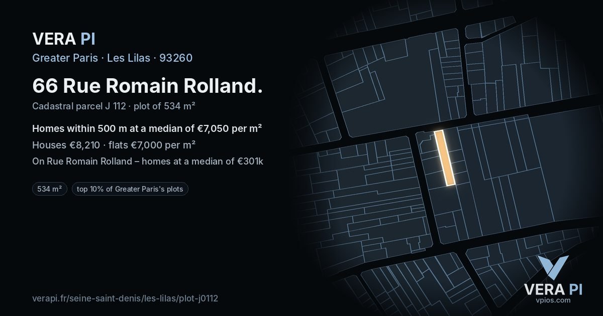 66 Rue Romain Rolland, Les Lilas at night – the plot lit, the parcels around coloured by the prices near them