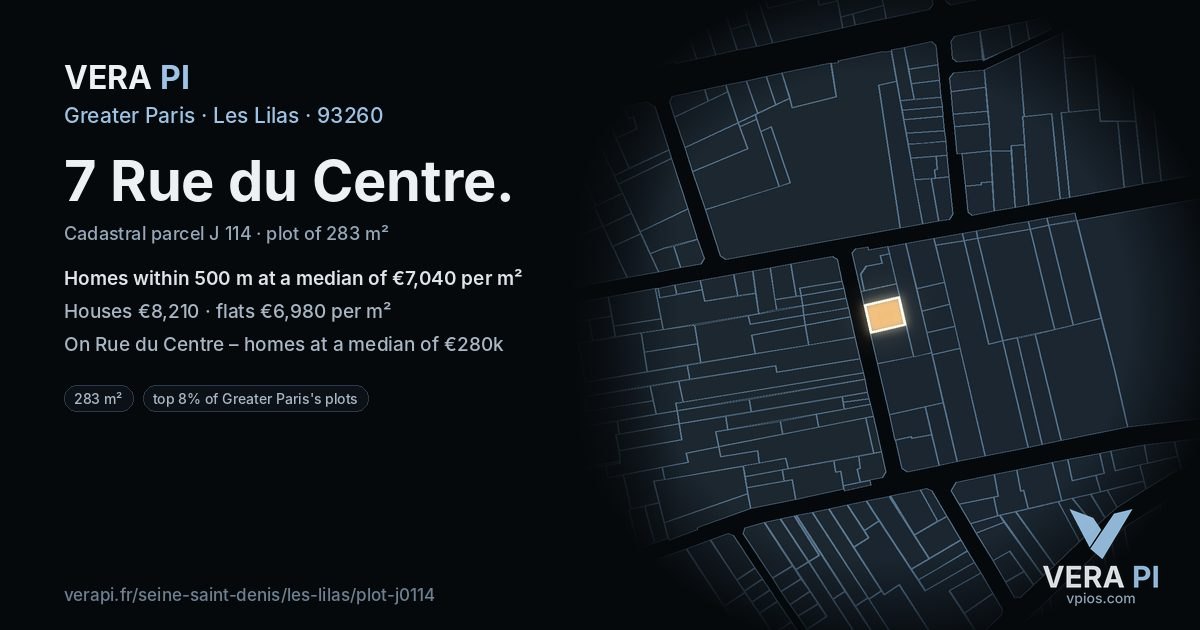 7 Rue du Centre, Les Lilas at night – the plot lit, the parcels around coloured by the prices near them