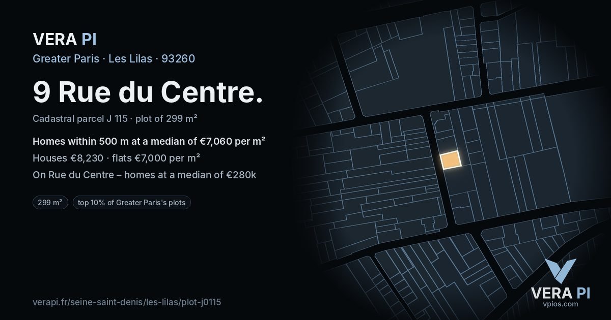 9 Rue du Centre, Les Lilas at night – the plot lit, the parcels around coloured by the prices near them