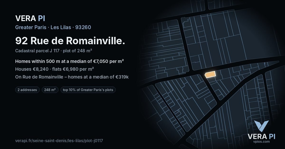 92 Rue de Romainville, Les Lilas at night – the plot lit, the parcels around coloured by the prices near them