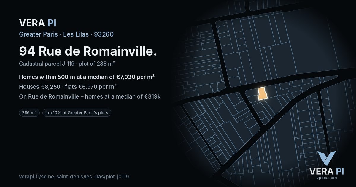 94 Rue de Romainville, Les Lilas at night – the plot lit, the parcels around coloured by the prices near them