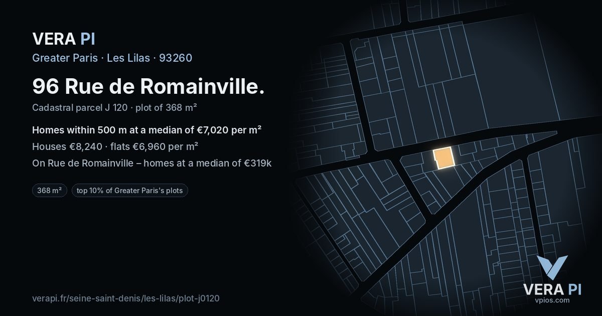 96 Rue de Romainville, Les Lilas at night – the plot lit, the parcels around coloured by the prices near them