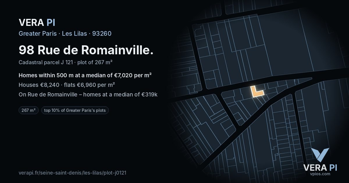 98 Rue de Romainville, Les Lilas at night – the plot lit, the parcels around coloured by the prices near them