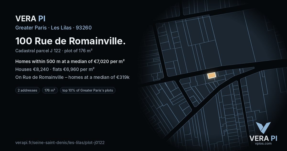 100 Rue de Romainville, Les Lilas at night – the plot lit, the parcels around coloured by the prices near them
