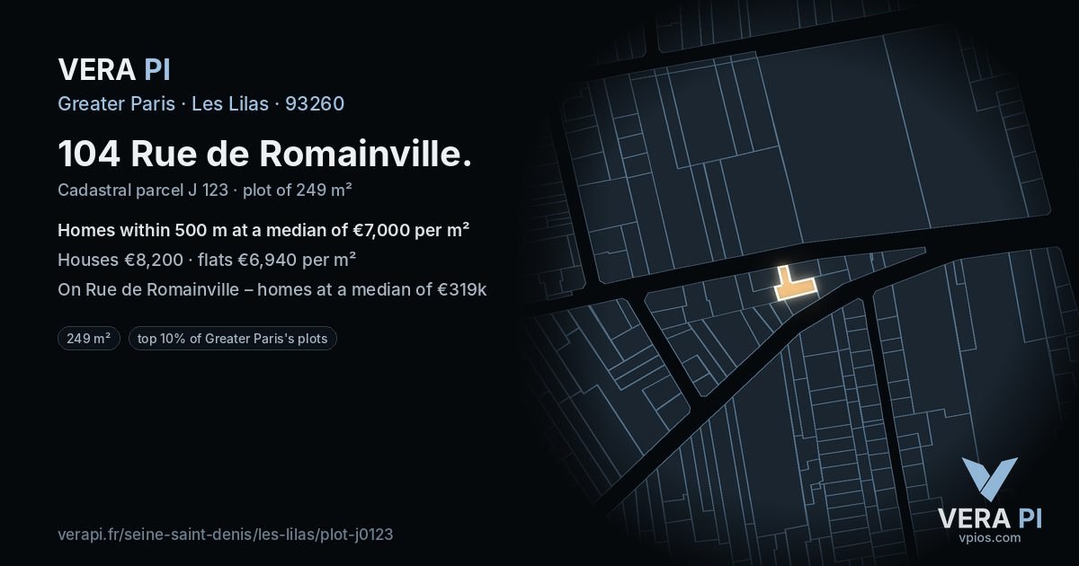 104 Rue de Romainville, Les Lilas at night – the plot lit, the parcels around coloured by the prices near them