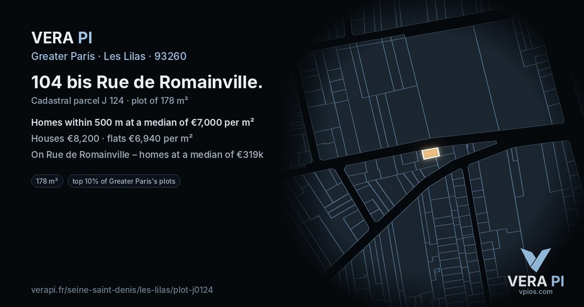 104 bis Rue de Romainville, Les Lilas at night – the plot lit, the parcels around coloured by the prices near them