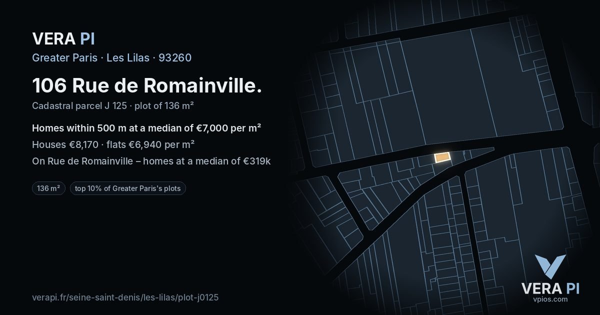106 Rue de Romainville, Les Lilas at night – the plot lit, the parcels around coloured by the prices near them