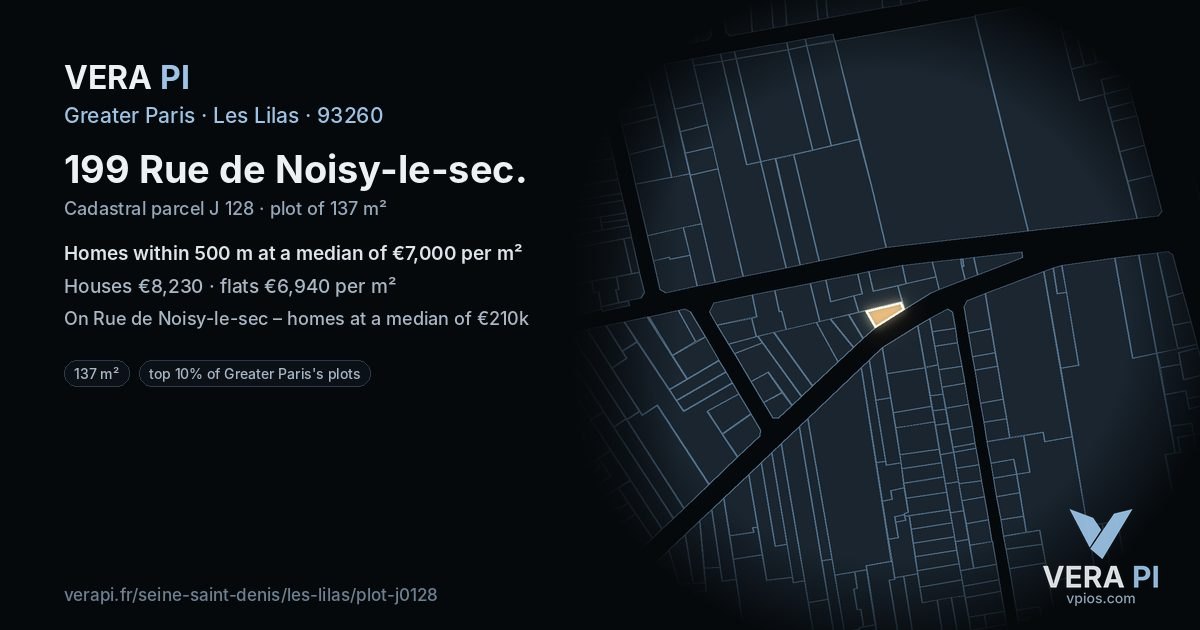 199 Rue de Noisy-le-sec, Les Lilas at night – the plot lit, the parcels around coloured by the prices near them