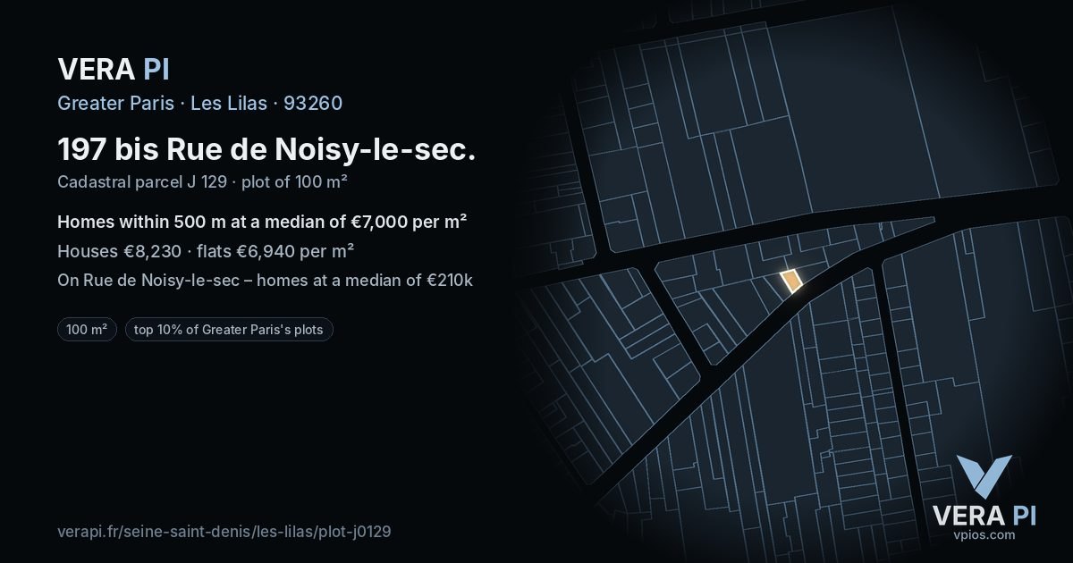 197 bis Rue de Noisy-le-sec, Les Lilas at night – the plot lit, the parcels around coloured by the prices near them