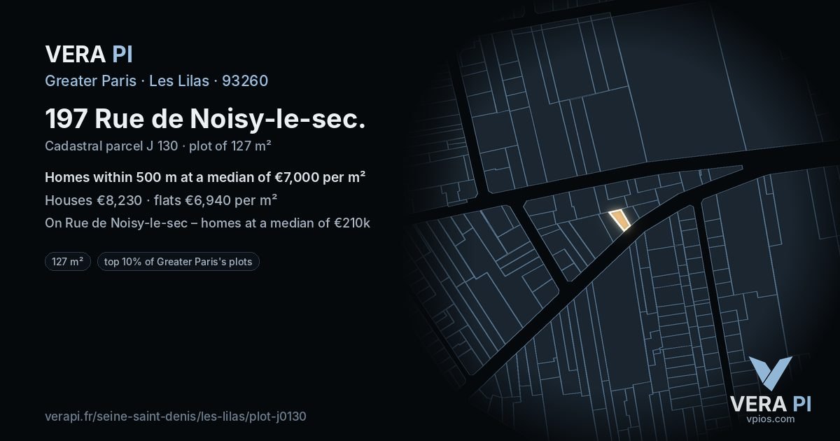 197 Rue de Noisy-le-sec, Les Lilas at night – the plot lit, the parcels around coloured by the prices near them