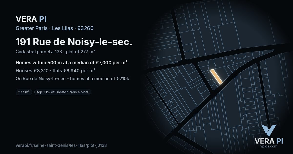 191 Rue de Noisy-le-sec, Les Lilas at night – the plot lit, the parcels around coloured by the prices near them