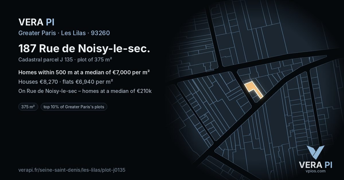 187 Rue de Noisy-le-sec, Les Lilas at night – the plot lit, the parcels around coloured by the prices near them