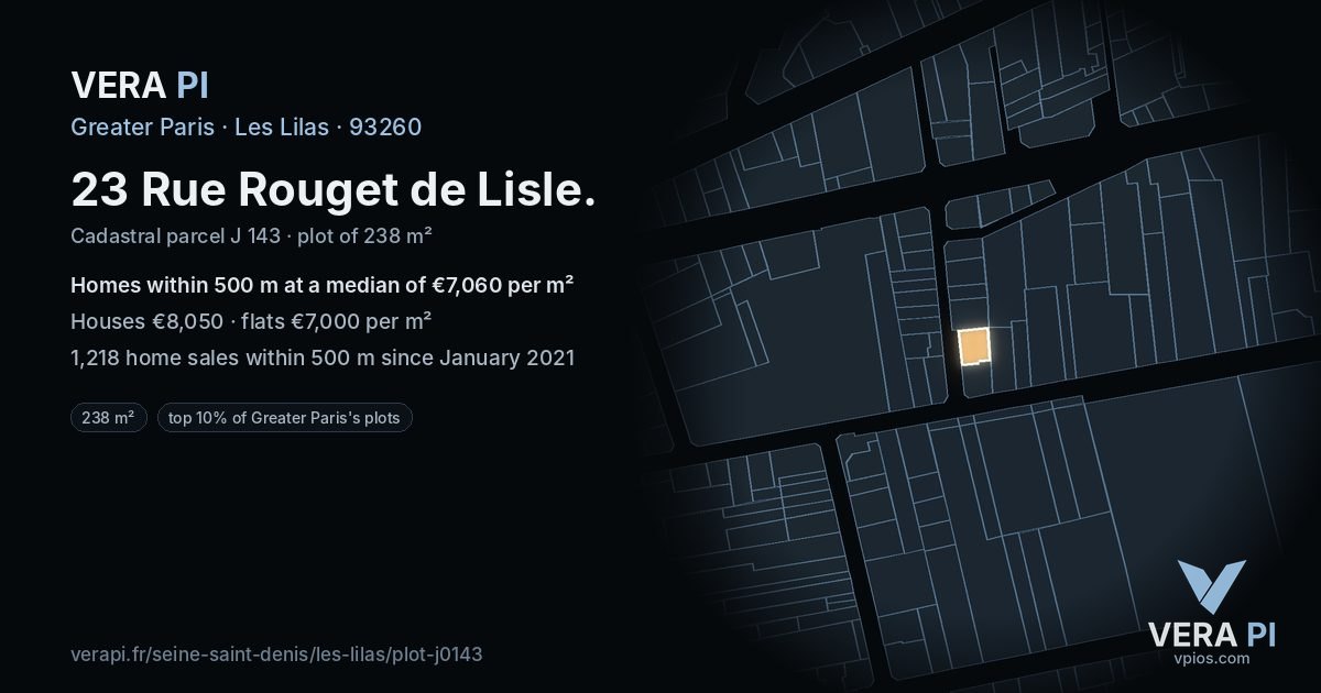 23 Rue Rouget de Lisle, Les Lilas at night – the plot lit, the parcels around coloured by the prices near them