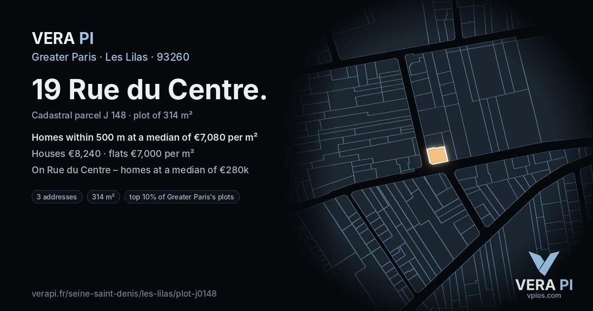 19 Rue du Centre, Les Lilas at night – the plot lit, the parcels around coloured by the prices near them