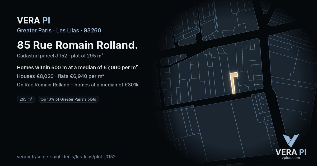 85 Rue Romain Rolland, Les Lilas at night – the plot lit, the parcels around coloured by the prices near them