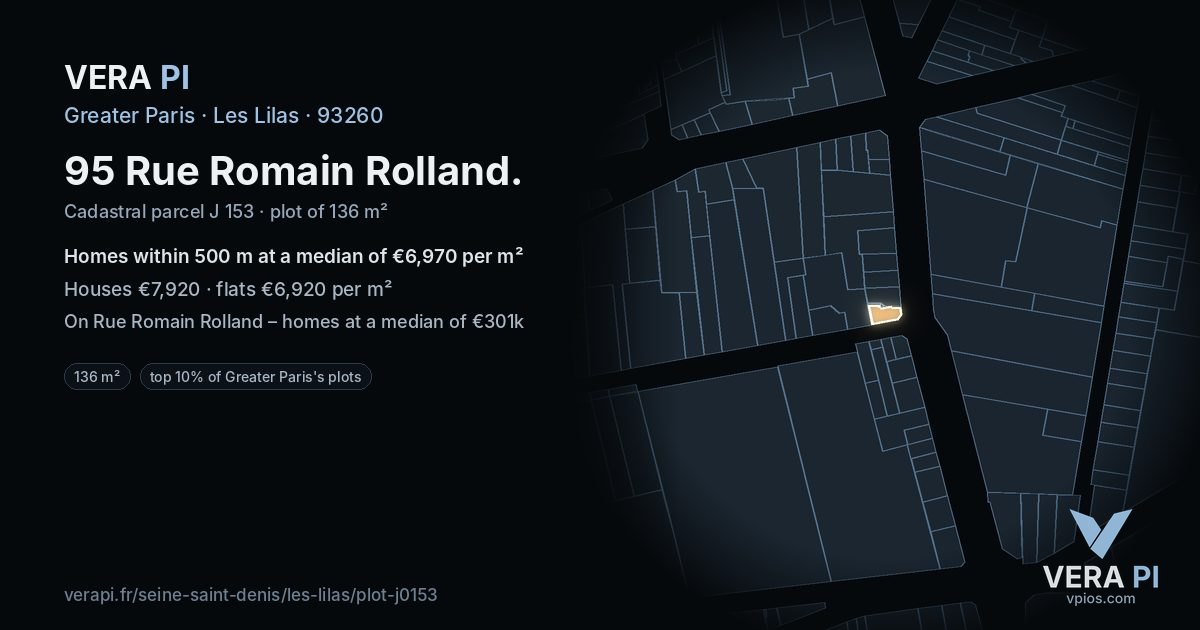 95 Rue Romain Rolland, Les Lilas at night – the plot lit, the parcels around coloured by the prices near them