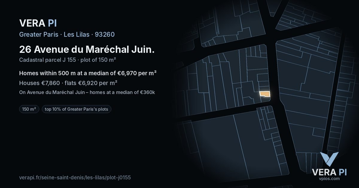 26 Avenue du Maréchal Juin, Les Lilas at night – the plot lit, the parcels around coloured by the prices near them