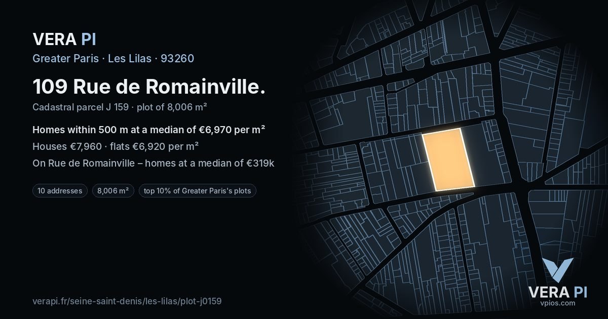 109 Rue de Romainville, Les Lilas at night – the plot lit, the parcels around coloured by the prices near them