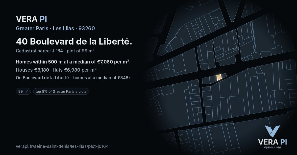 40 Boulevard de la Liberté, Les Lilas at night – the plot lit, the parcels around coloured by the prices near them